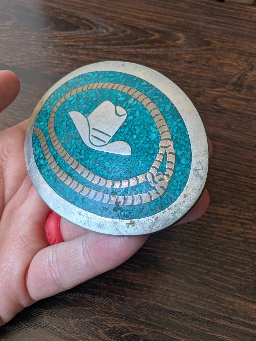 Vintage Mexico Alpaca Silver Belt Buckle Crushed Turquoise Inlay Western Cowboy